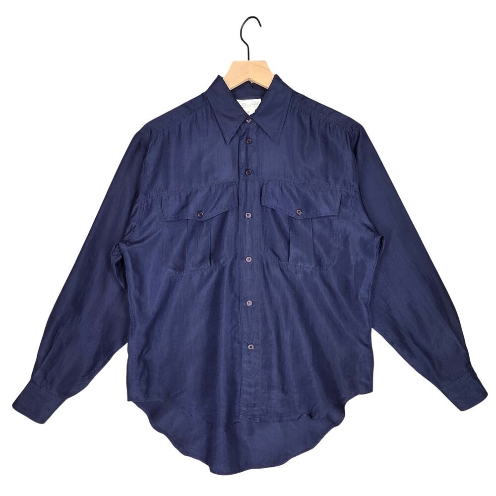 PAPPAGALLO SPORT 100% SILK BUTTON‑UP LONG SLEEVE SHIRT – NAVY – WOMEN’S SMALL